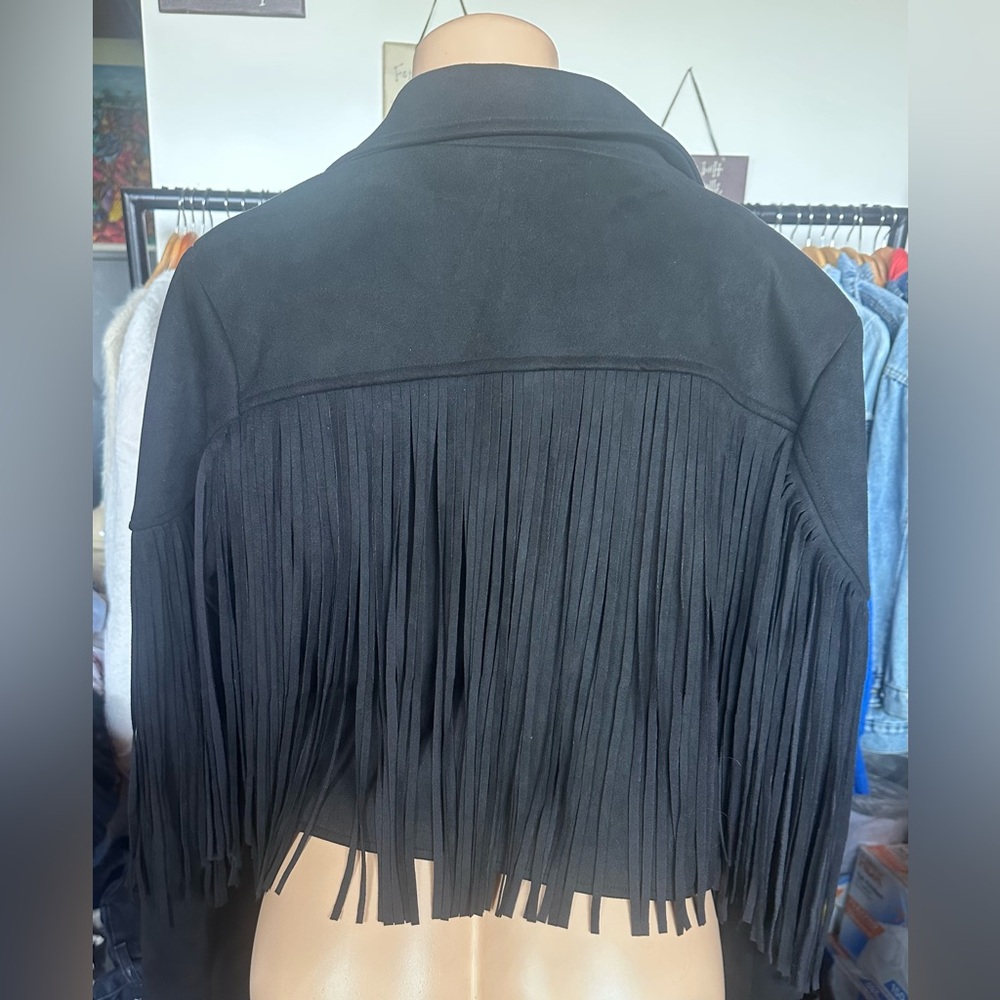 Black Bomber Jacket with Fringe Detail - Picture 3 of 3